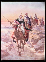 "Lord Kitchener, förklädd till en arab, rider över öknen till Dongola", illustration från "Modiga gärningar av modiga män" av C. Sheridan Jones, pub. 1922